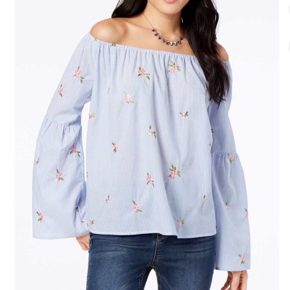 Gypsies Moondust Blue White Cotton Striped Embroidered Off The Shoulder Blouse